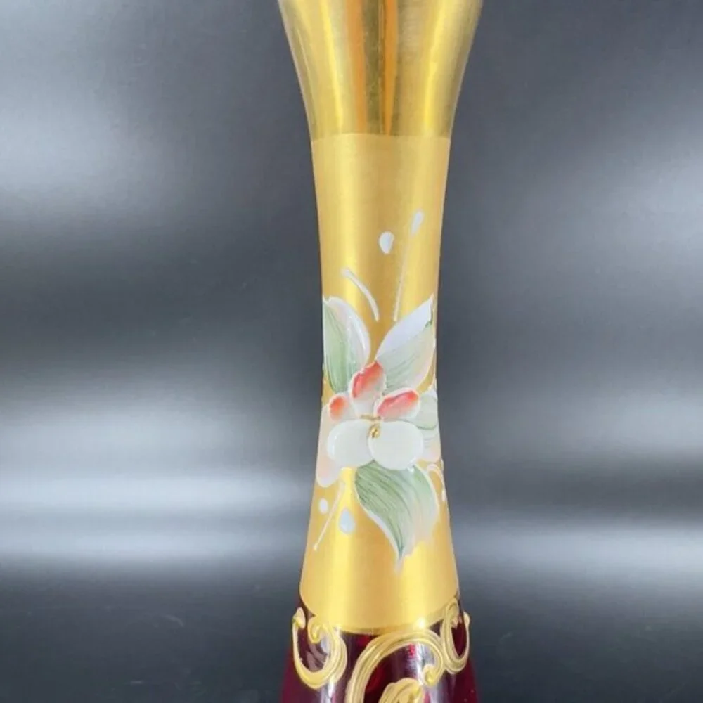 Venetian Art Glass Vase Raised Flowers Ruby Red Heavy Gold Painted Made In Italy